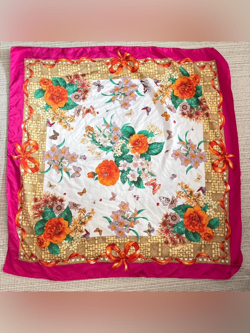 Vintage Floral Pink White Square Scarf